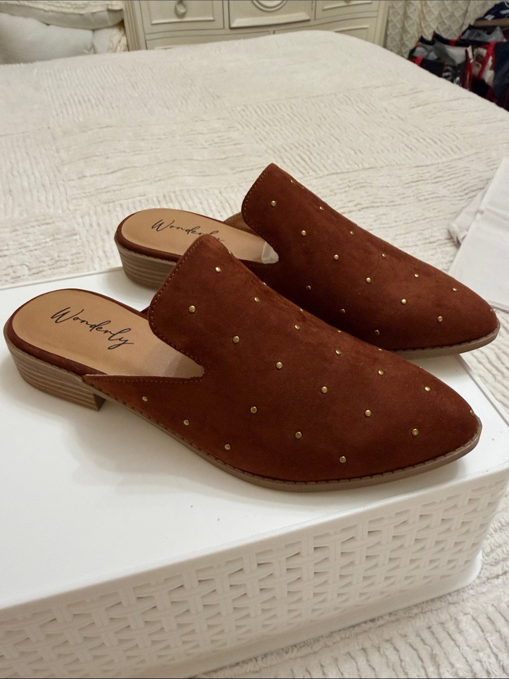 Wonderly Rust Brown Suede Studded Mules - Picture 2 of 5